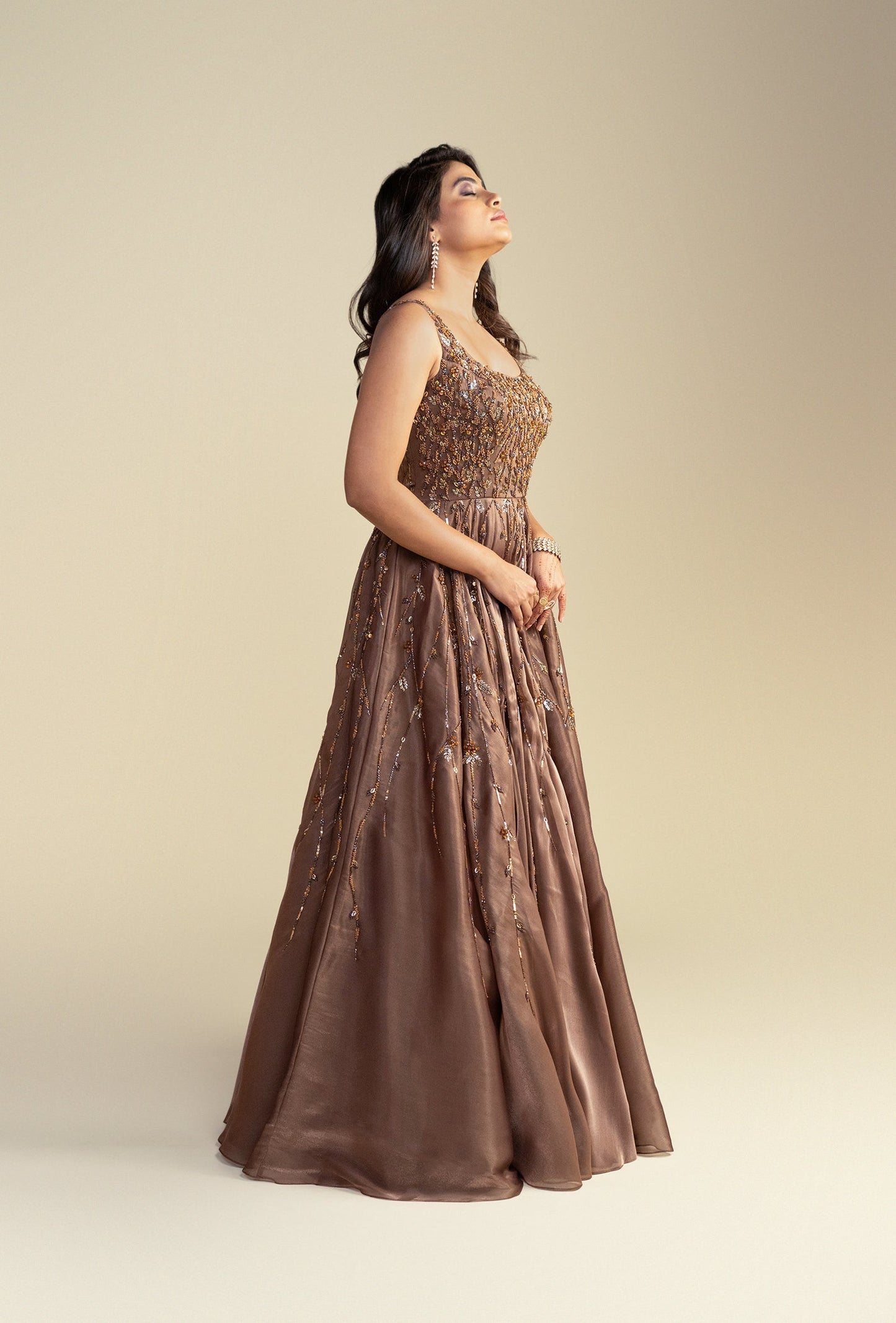 Fiza Ginger Brown Glass Organza Embroidered Gown