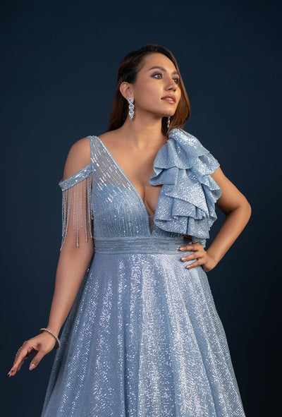 Ophelia Sky Blue Single Ruffle Sleeve Gown