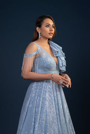 Ophelia Sky Blue Single Ruffle Sleeve Gown