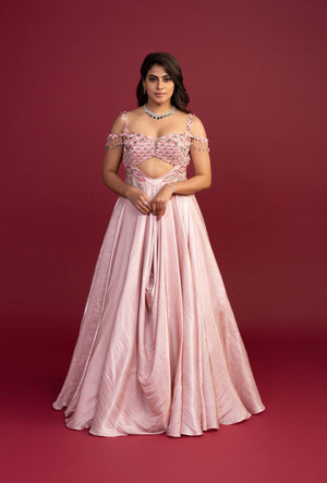 Vivenne Pink Gabana Silk Cold Shouldered Gown