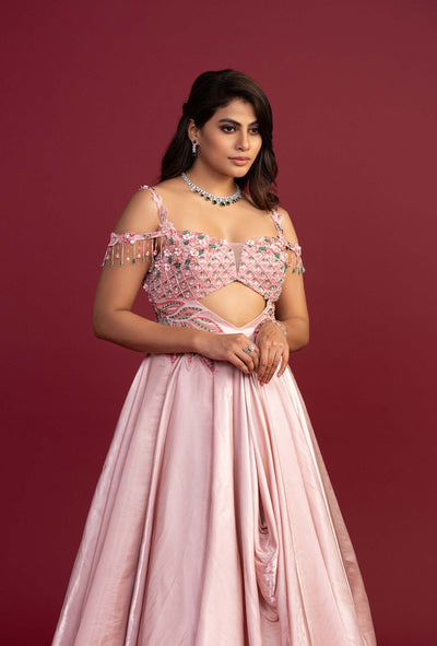 Vivenne Pink Gabana Silk Cold Shouldered Gown