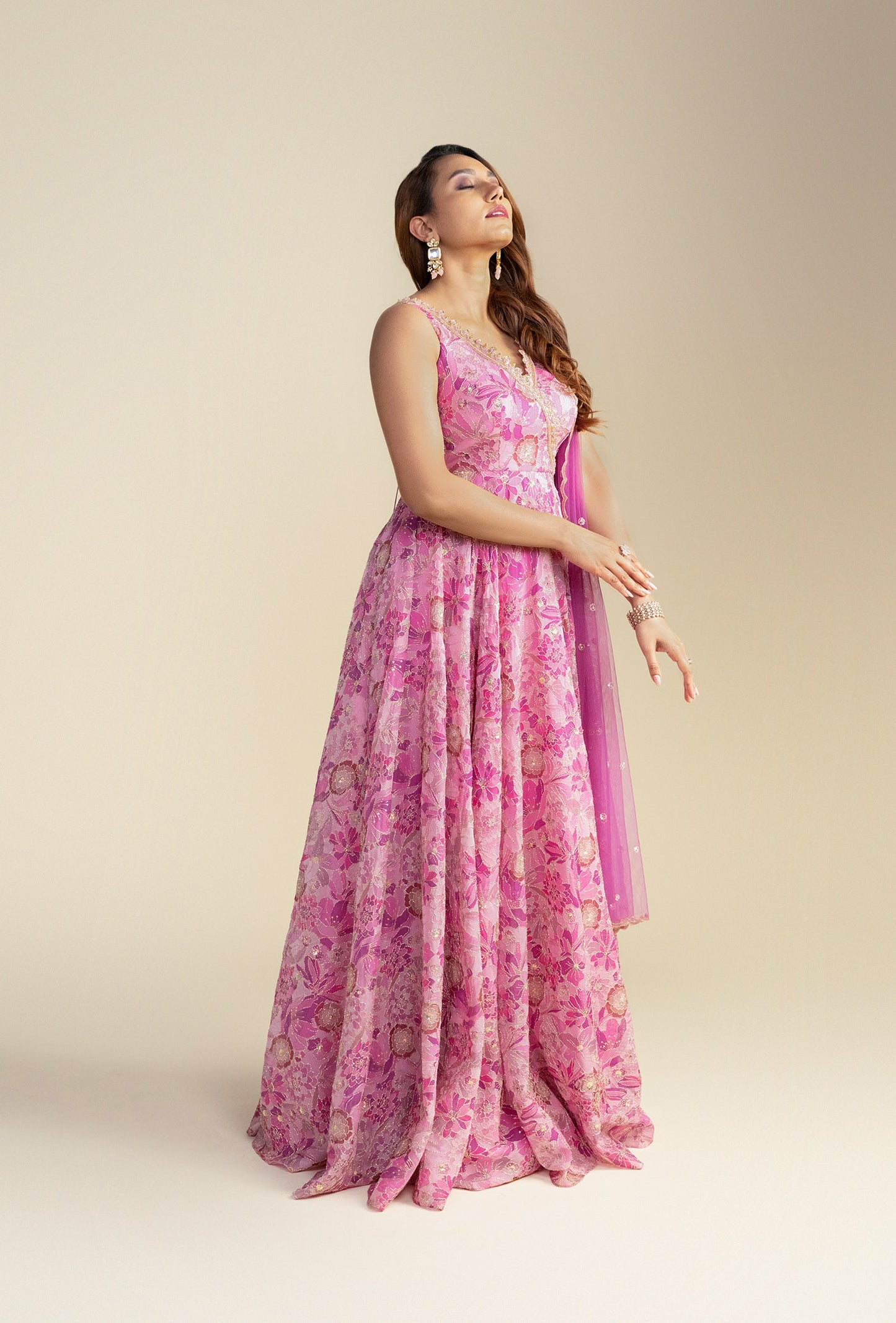 Florence Pink Floral V-Neck Zardozi Gown