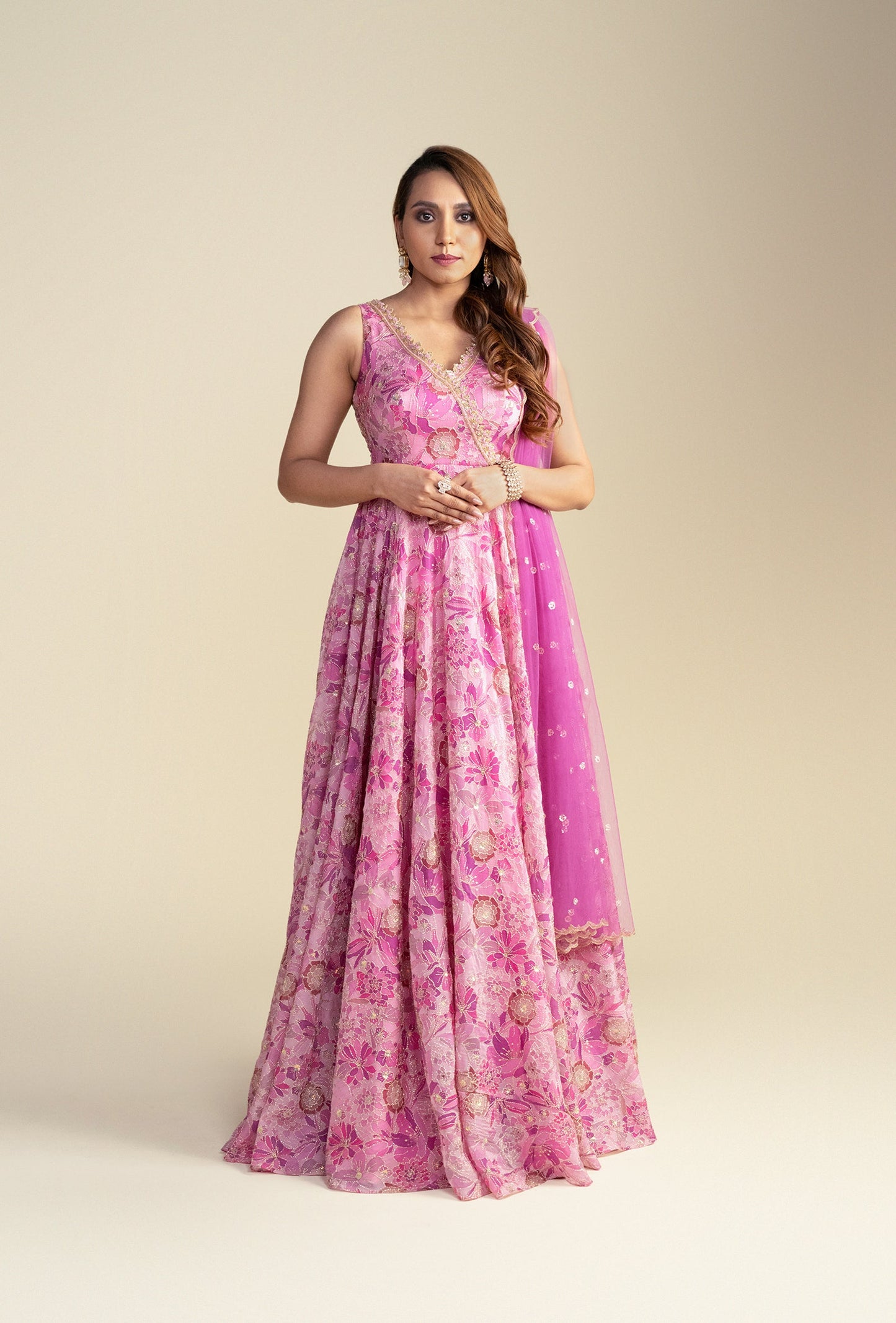Florence Pink Floral V-Neck Zardozi Gown
