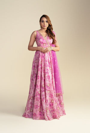Florence Pink Floral V-Neck Zardozi Gown