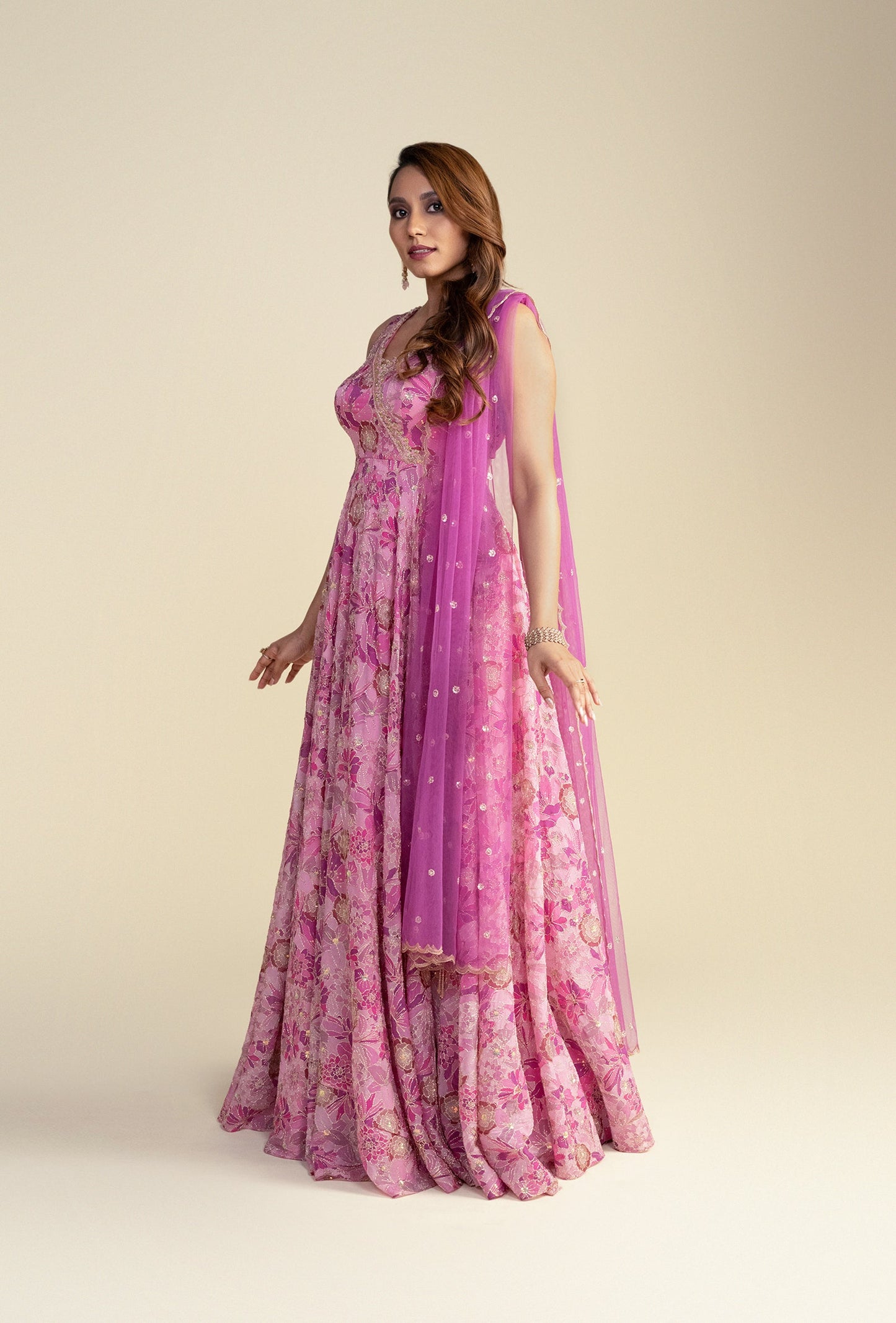 Florence Pink Floral V-Neck Zardozi Gown