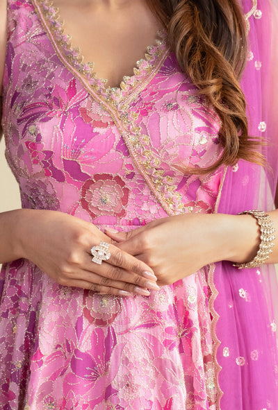 Florence Pink Floral V-Neck Zardozi Gown
