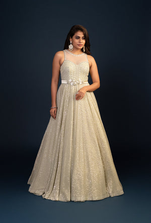 Evermore Shimmer Green Glass Tissue Sequined Gown