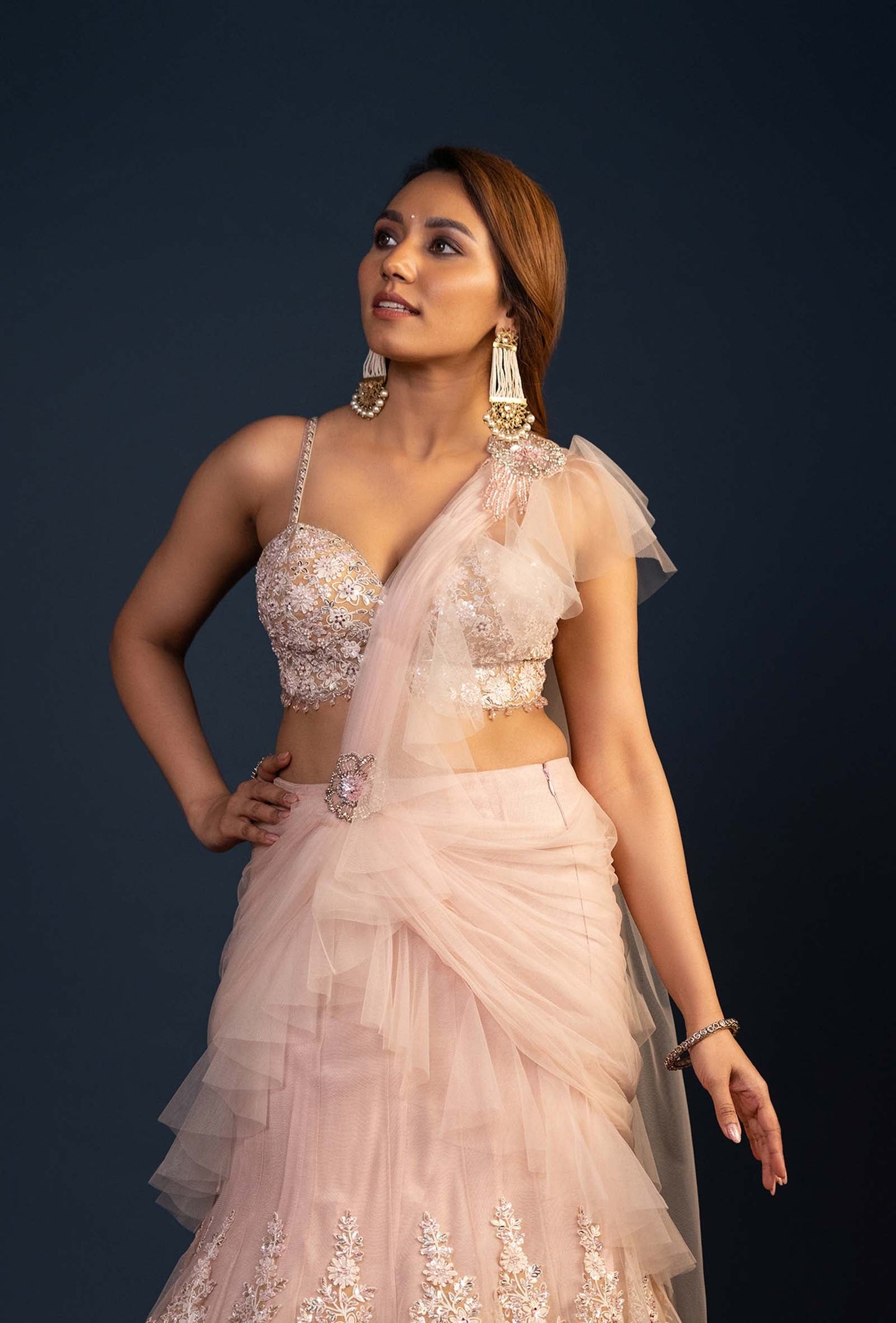 Oasis Dual Color Mermaid Ruffle Lehenga Set with Attached Dupatta