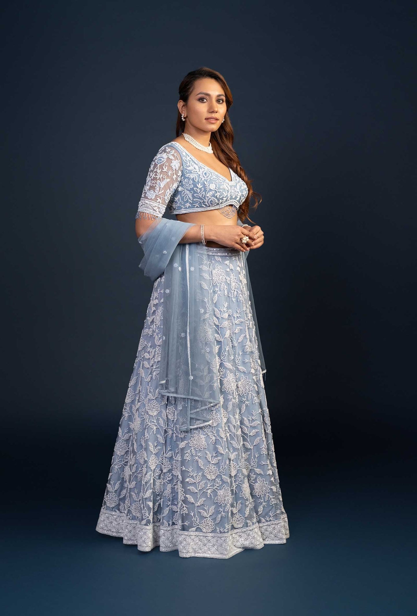Nyra Powder Blue Floral Embroidery Lehenga Set