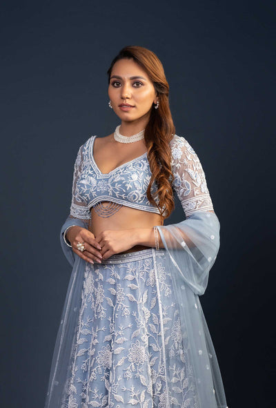 Nyra Powder Blue Floral Embroidery Lehenga Set