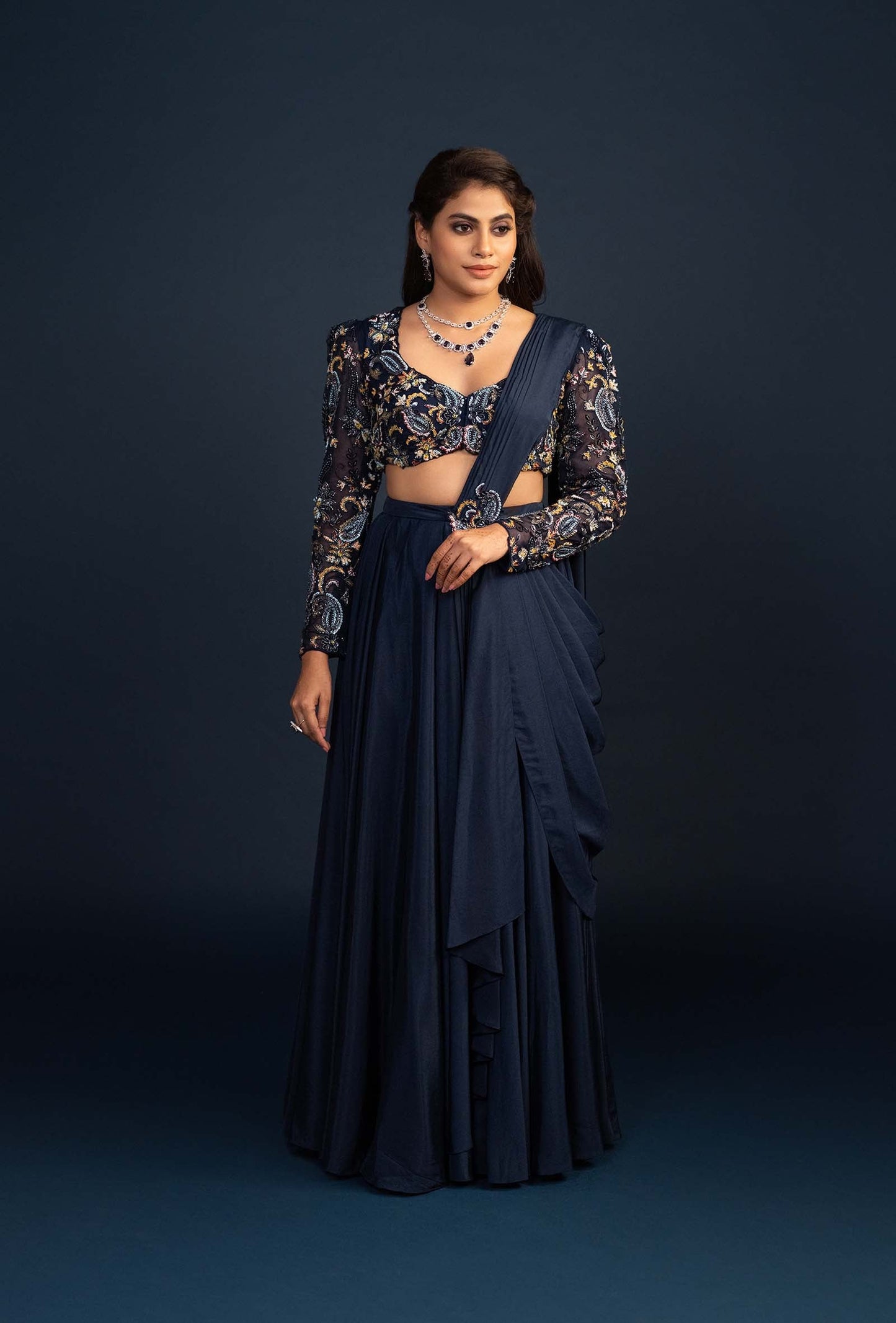 Qala Navy Blue Pre Draped Saree
