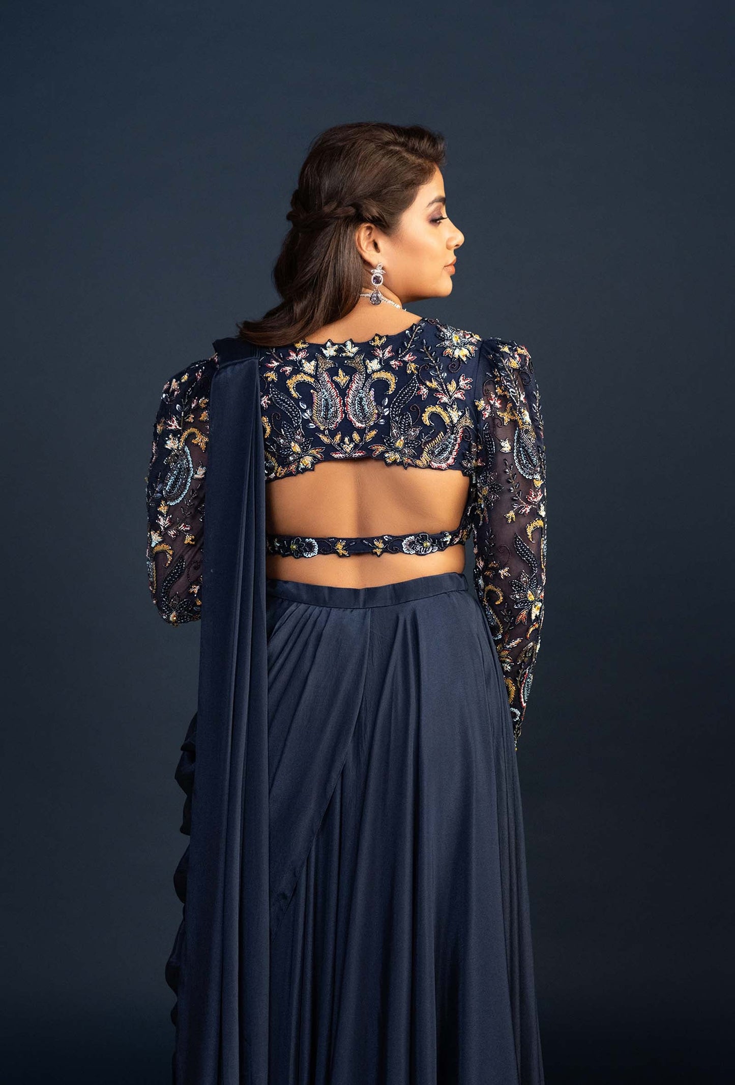 Qala Navy Blue Pre Draped Saree