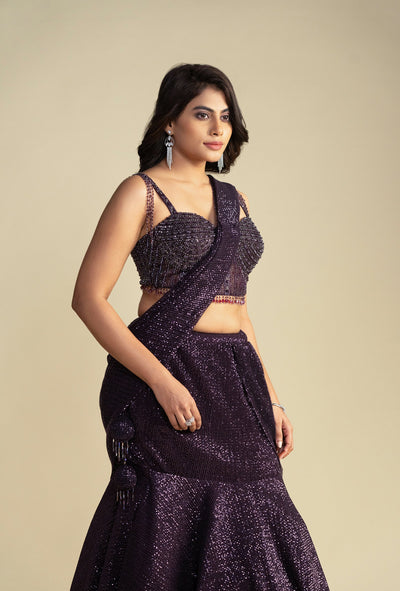 Rooh Brown Mermaid Ruffled Pre Draped Saree with Lurex Sequined Pallu