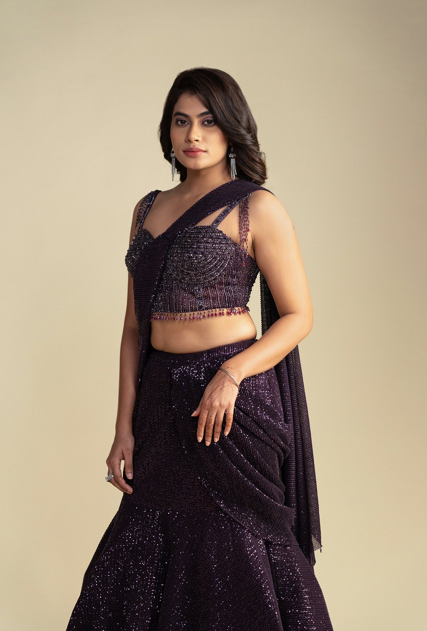 Rooh Brown Mermaid Ruffled Pre Draped Saree with Lurex Sequined Pallu