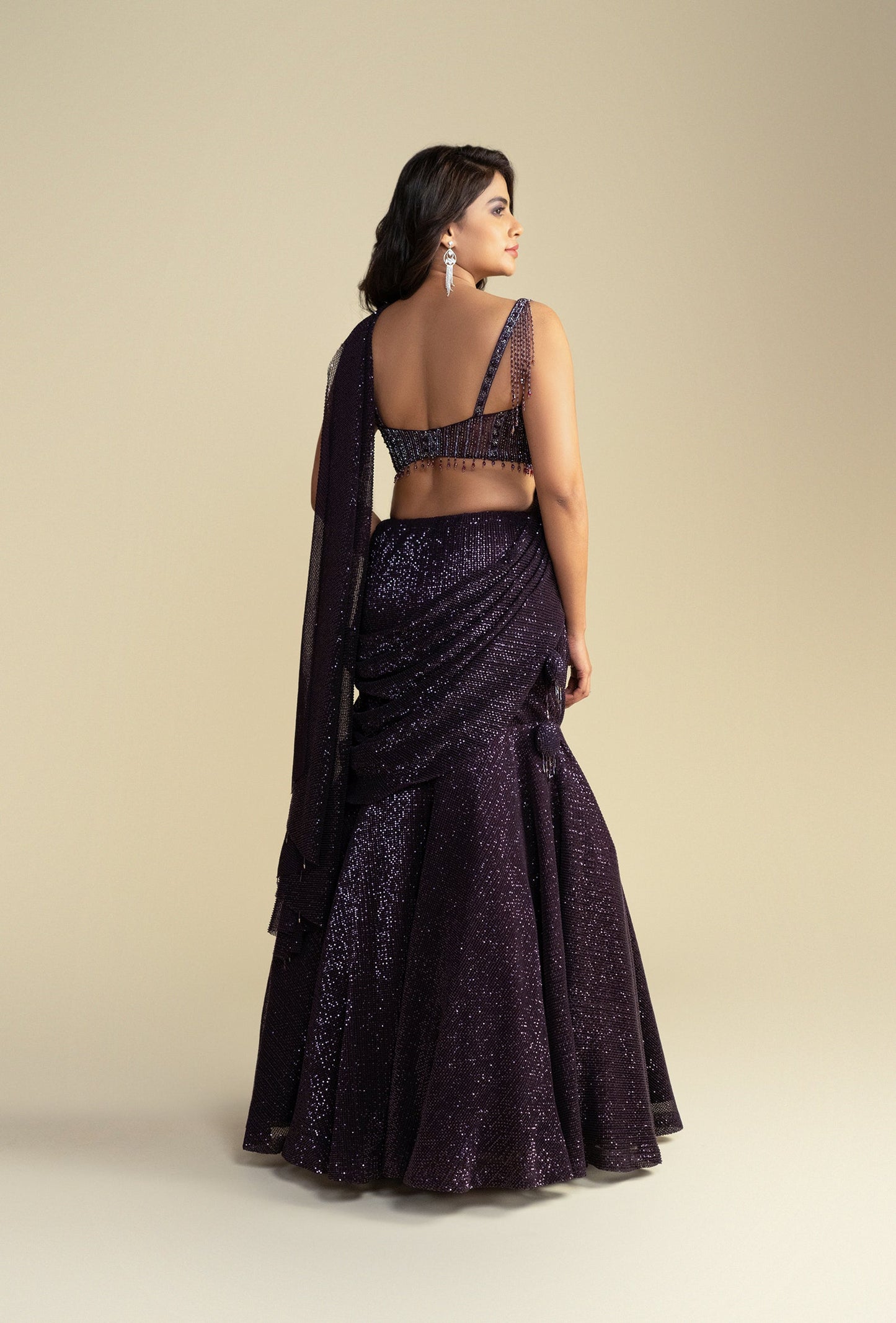 Rooh Brown Mermaid Ruffled Pre Draped Saree with Lurex Sequined Pallu