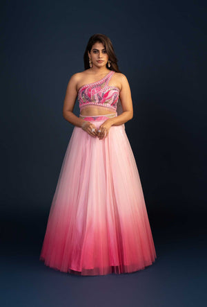 Dewrose Ombre Pink Net Lehenga with Asymmetric Blouse