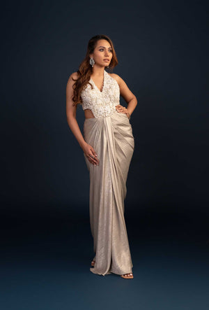 Audrey Grey Waist Cut Out Shimmer Jacquard Gown
