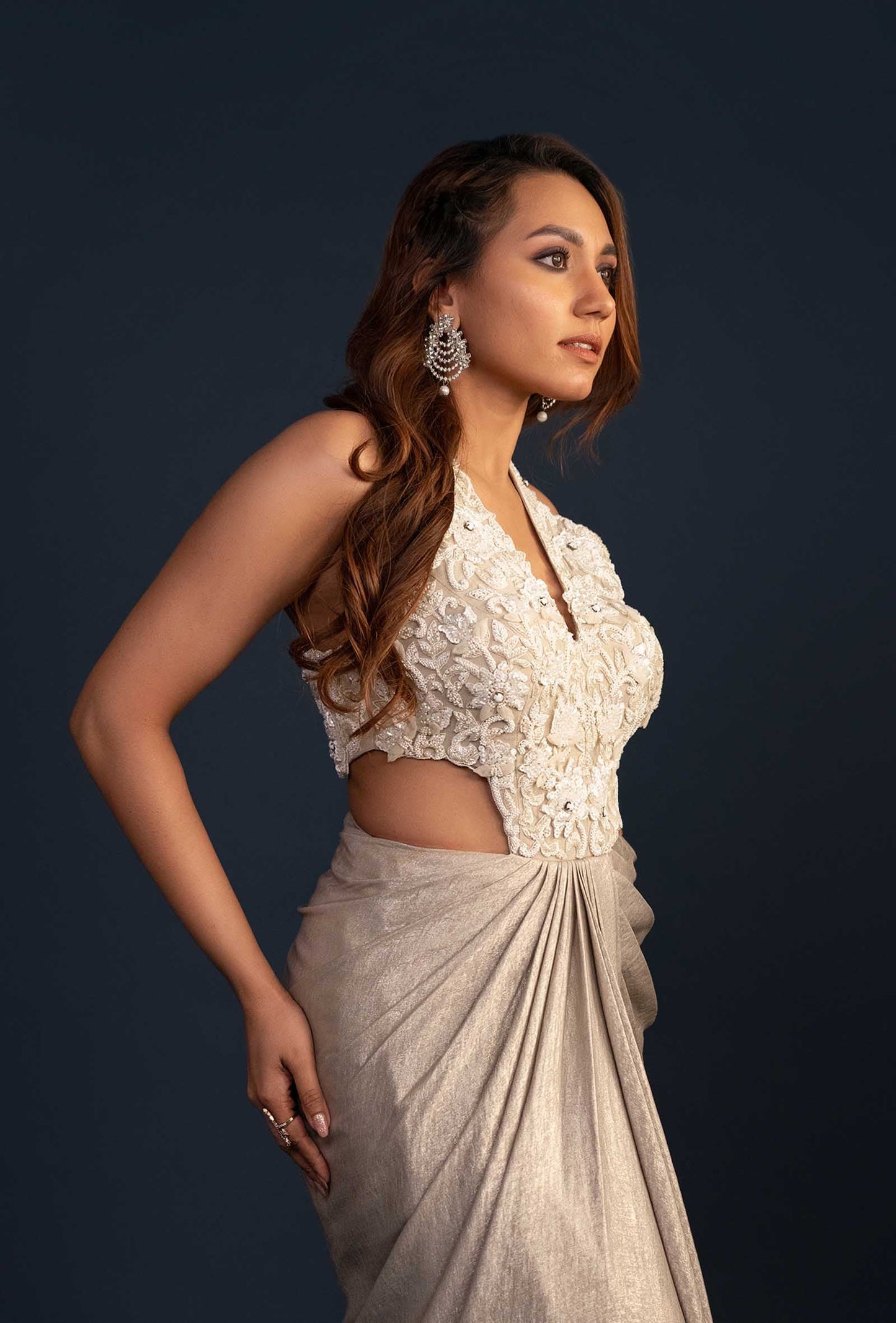 Audrey Grey Waist Cut Out Shimmer Jacquard Gown
