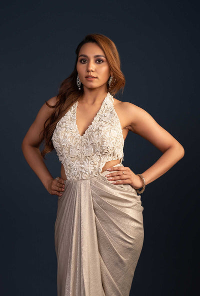 Audrey Grey Waist Cut Out Shimmer Jacquard Gown