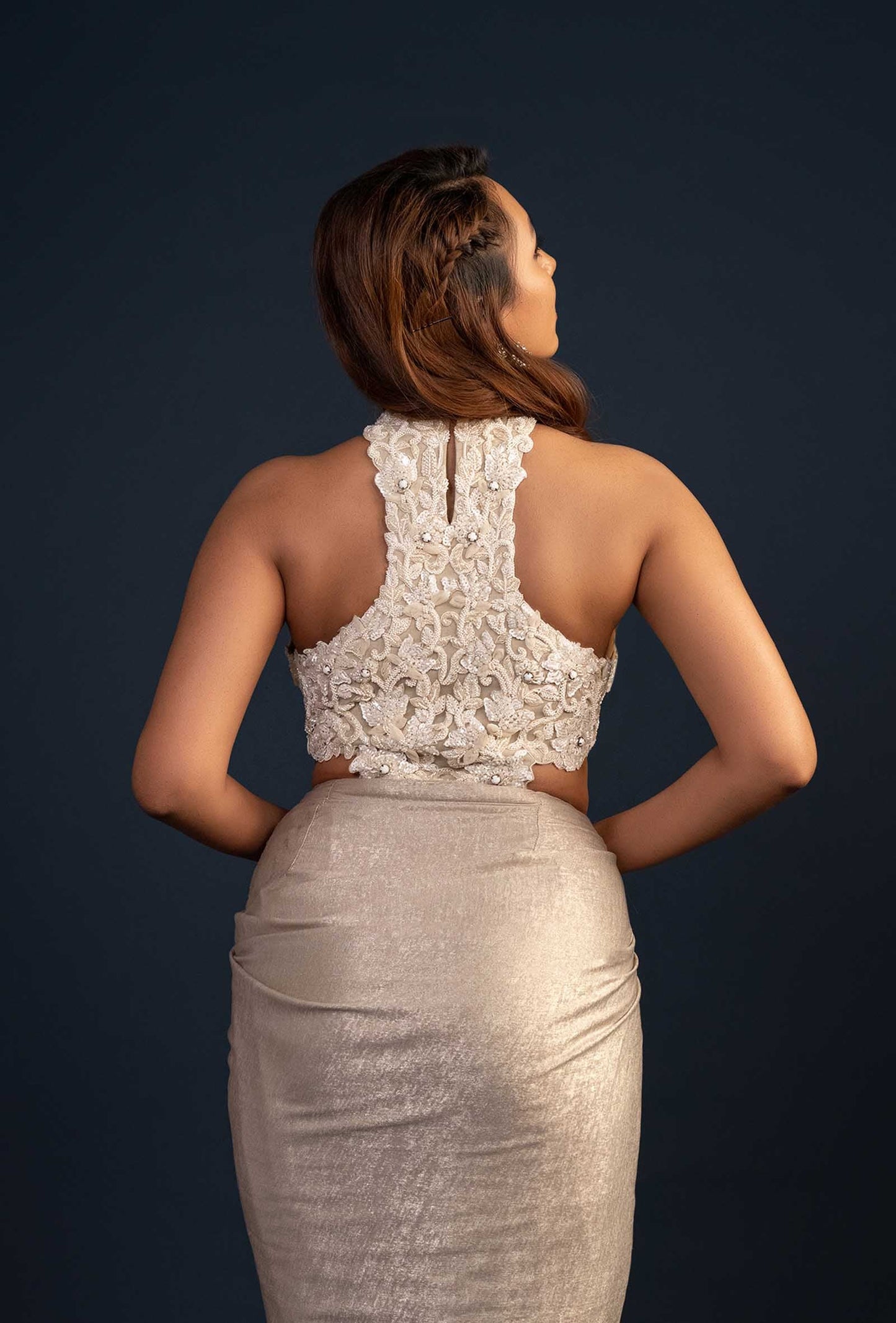 Audrey Grey Waist Cut Out Shimmer Jacquard Gown