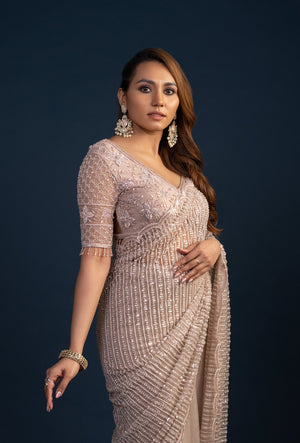 Raina Dusky Pink Pre Draped Saree with Crystal Tassels