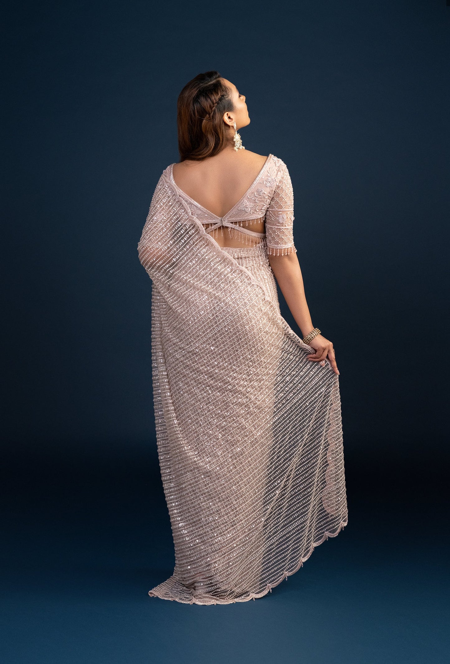 Raina Dusky Pink Pre Draped Saree with Crystal Tassels