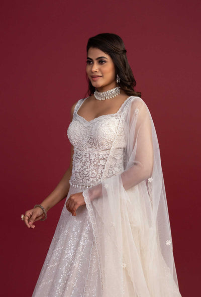 Cascade Pearl Ivory Sweetheart Neck Lehenga Set