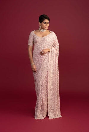 Saanjh Peachy Pink Lucknowi Pre Draped Saree