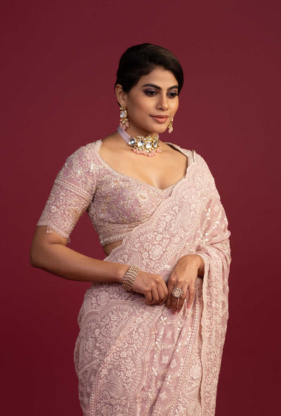 Saanjh Peachy Pink Lucknowi Pre Draped Saree