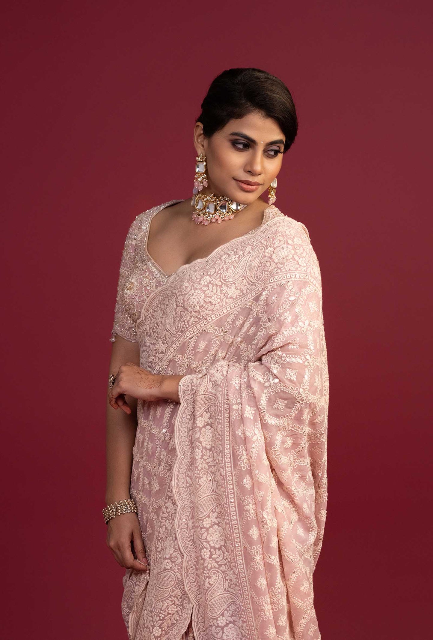 Saanjh Peachy Pink Lucknowi Pre Draped Saree