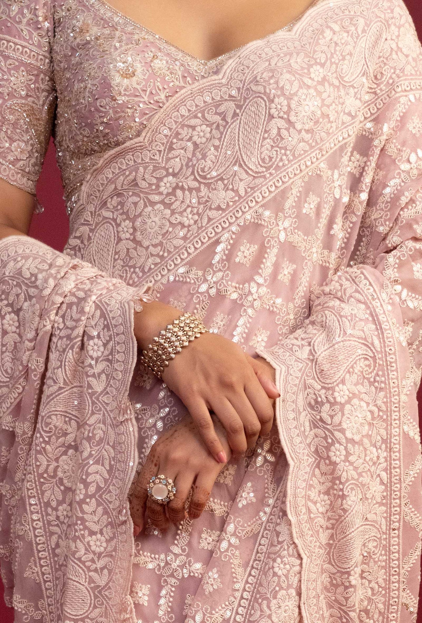 Saanjh Peachy Pink Lucknowi Pre Draped Saree