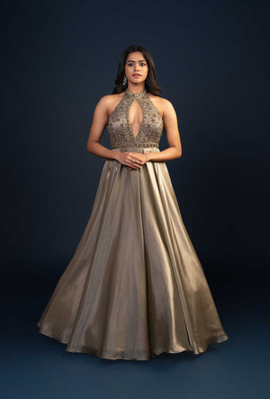 Eleanor Shimmer Green Key Hole Neck Gown