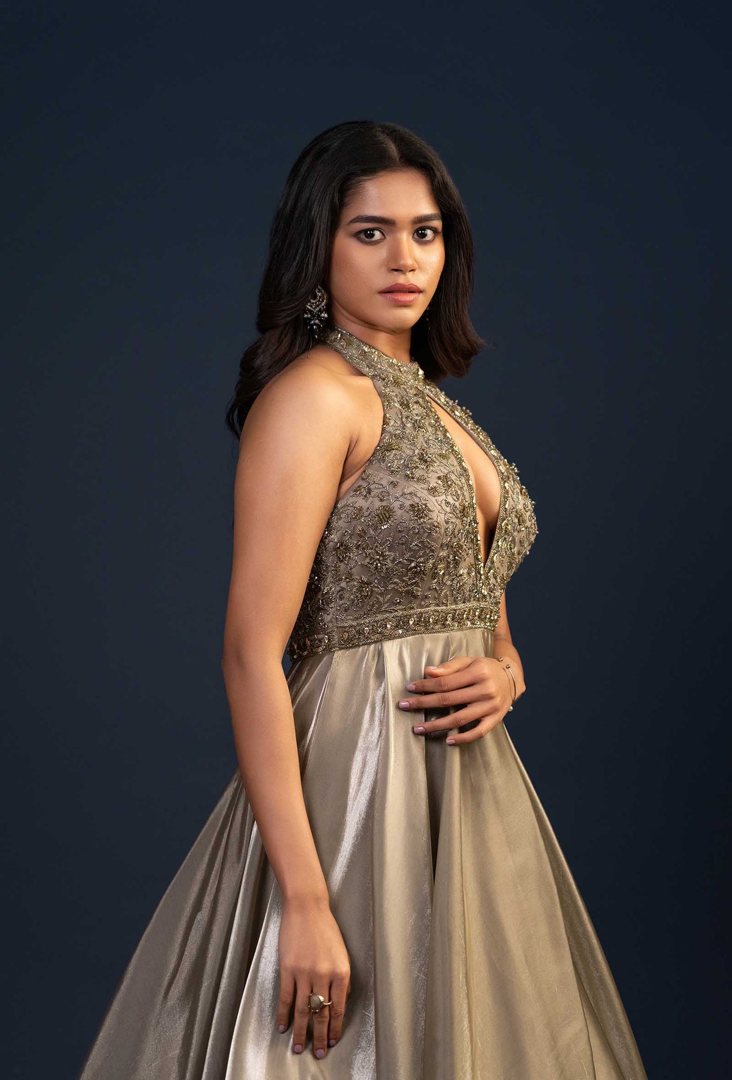 Eleanor Shimmer Green Key Hole Neck Gown