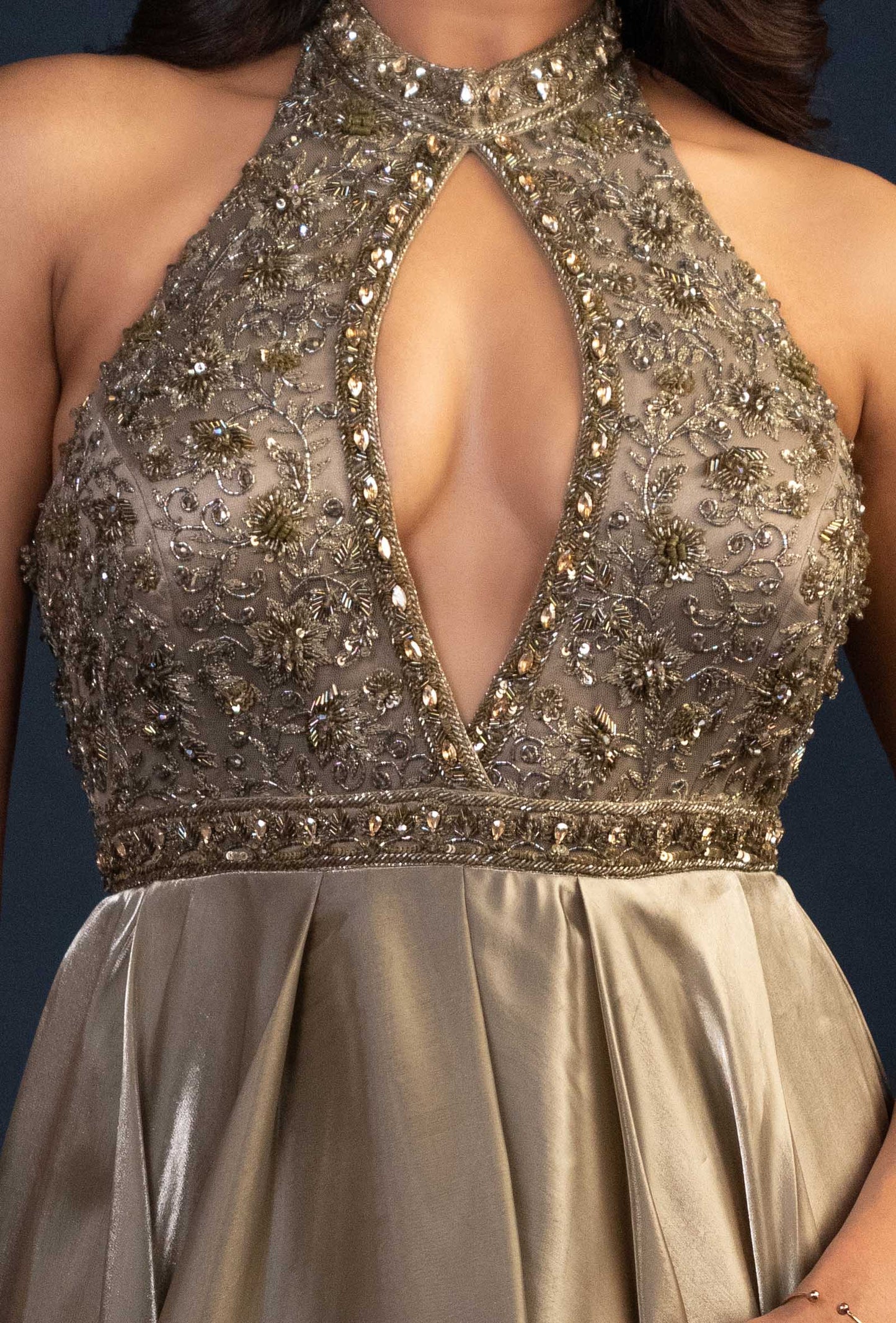 Eleanor Shimmer Green Key Hole Neck Gown