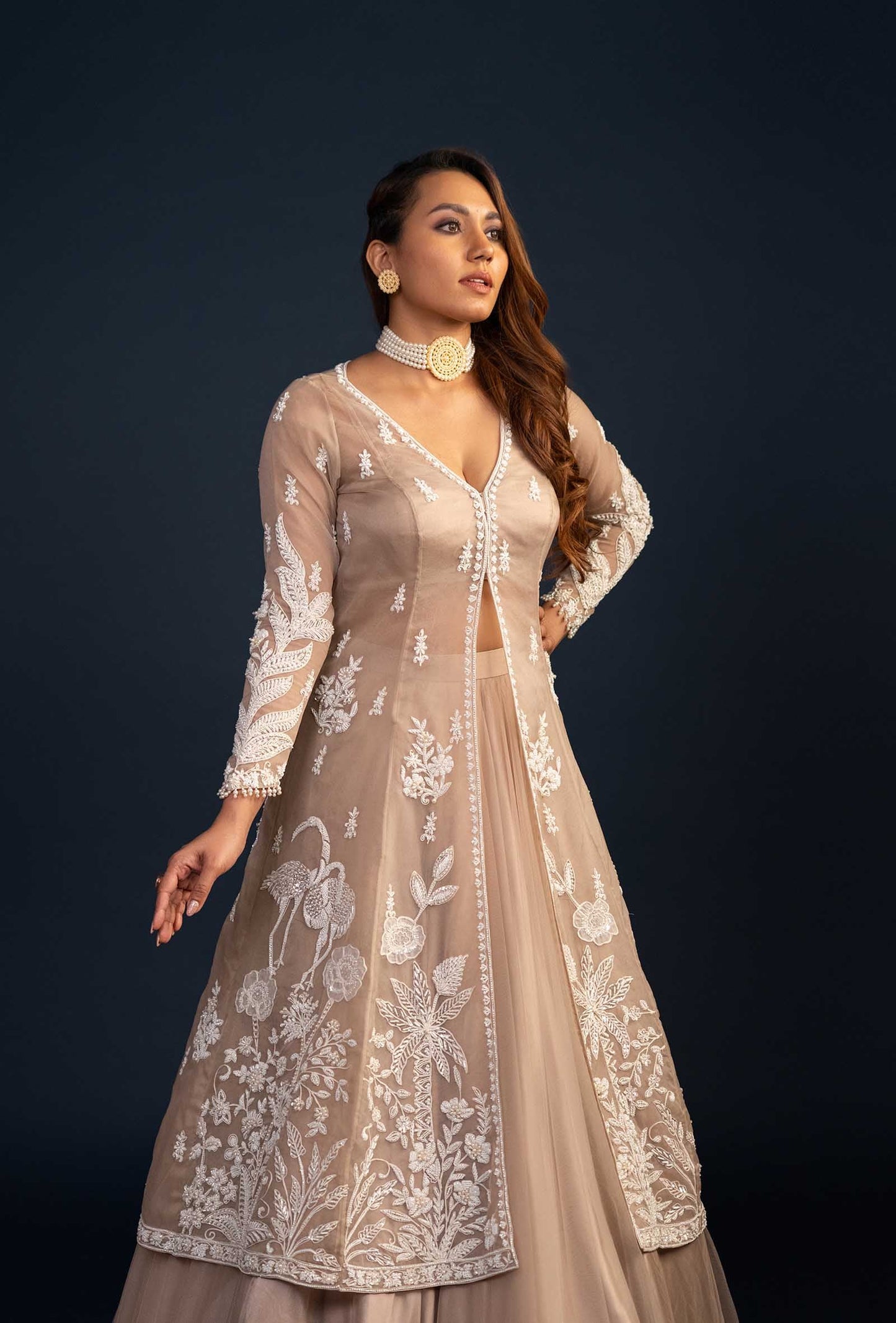 Athena Plunging V-Neck Modal Silk Blouse with Embroidered Jacket Lehenga Set
