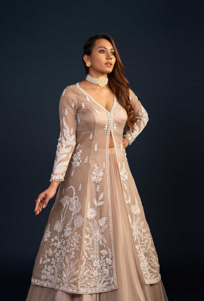 Athena Plunging V-Neck Modal Silk Blouse with Embroidered Jacket Lehenga Set