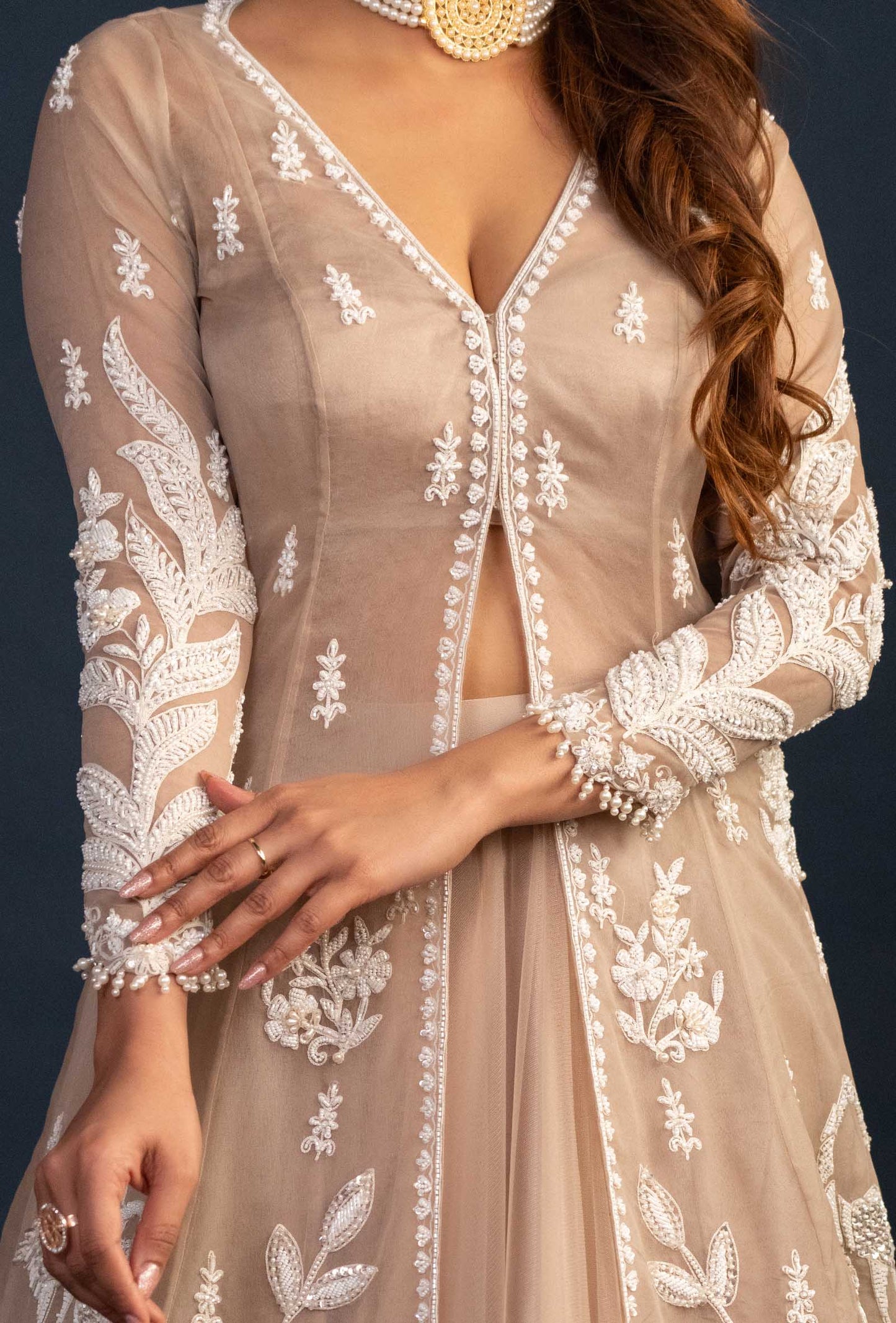 Athena Plunging V-Neck Modal Silk Blouse with Embroidered Jacket Lehenga Set