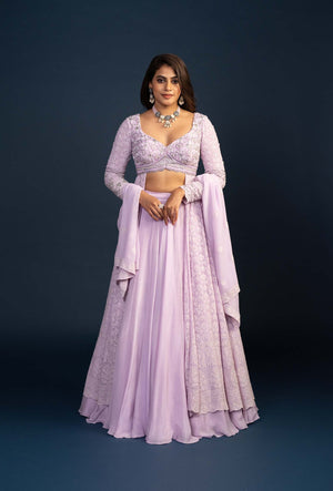 Dahlia Lilac Lucknowi Thread Work Lehenga Set