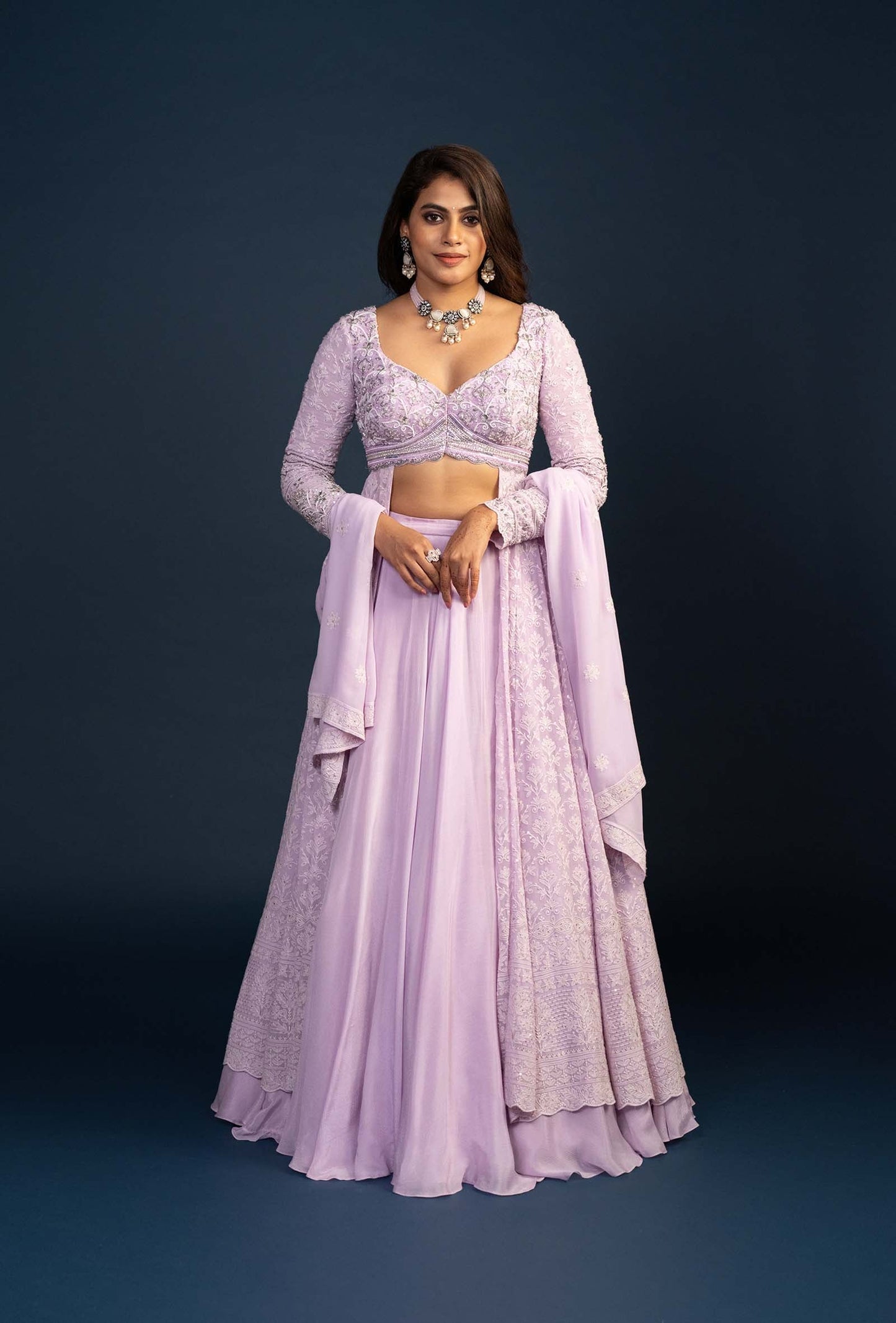 Dahlia Lilac Lucknowi Thread Work Lehenga Set