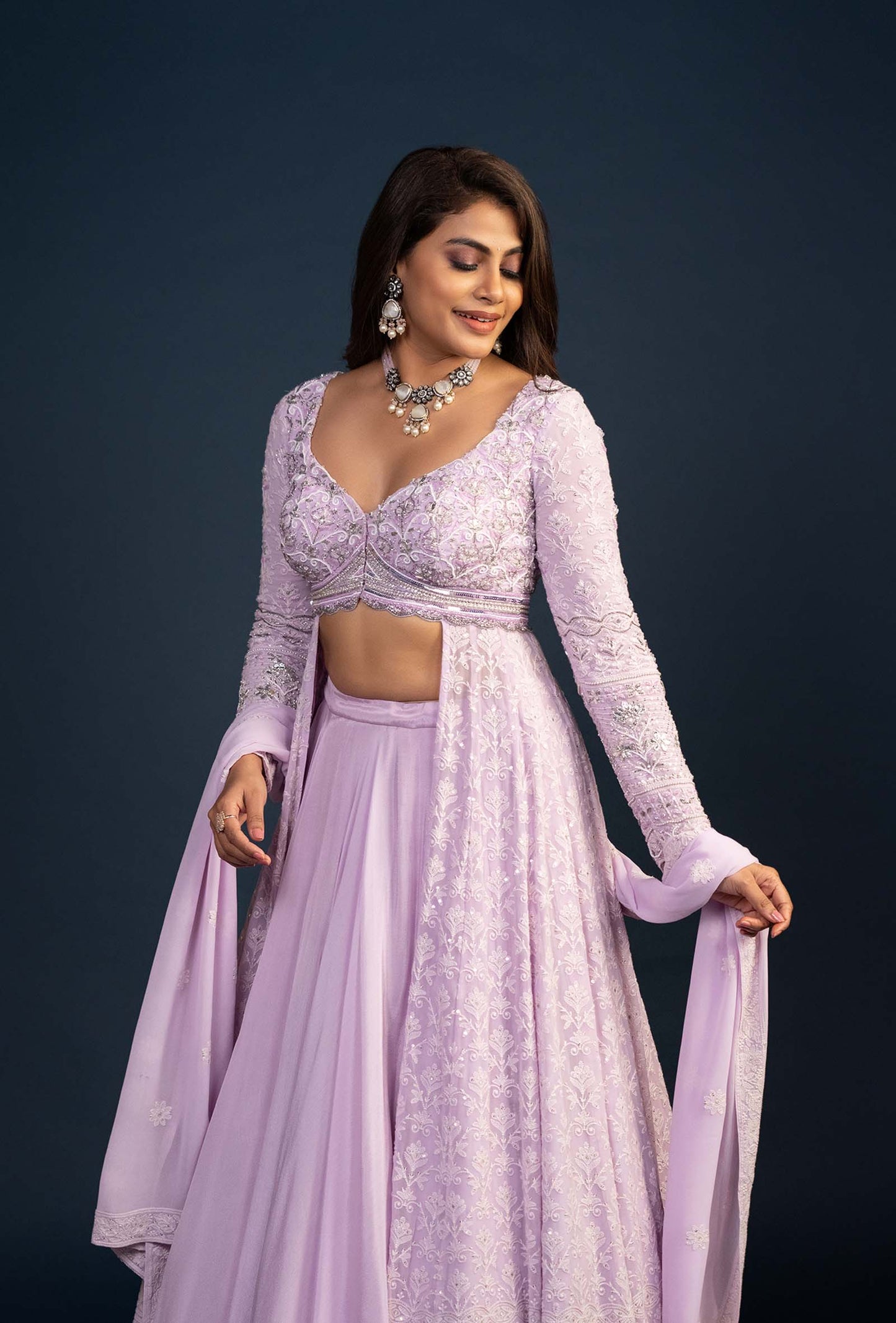 Dahlia Lilac Lucknowi Thread Work Lehenga Set