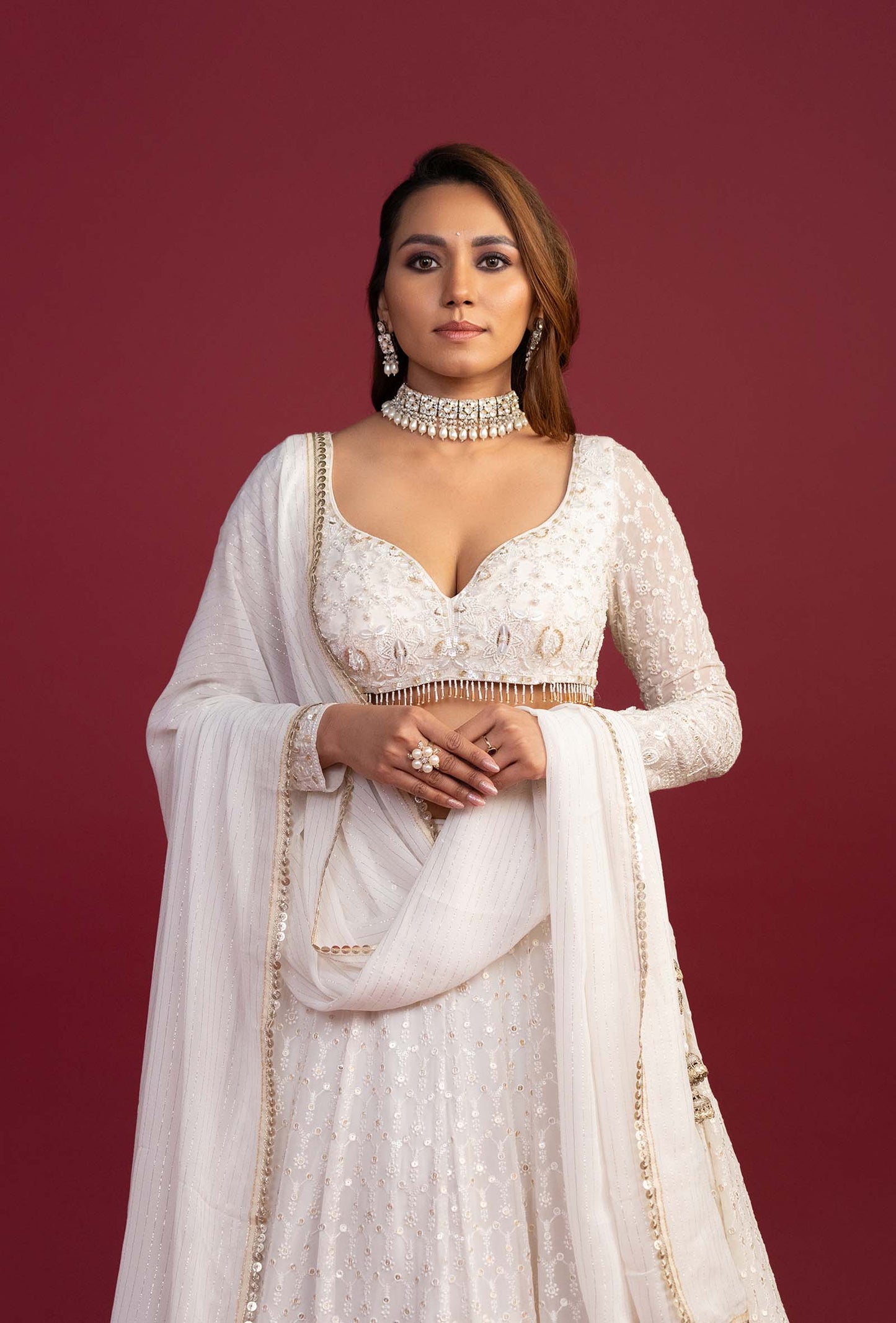 Crescent White Lucknowi Work Lehenga Set
