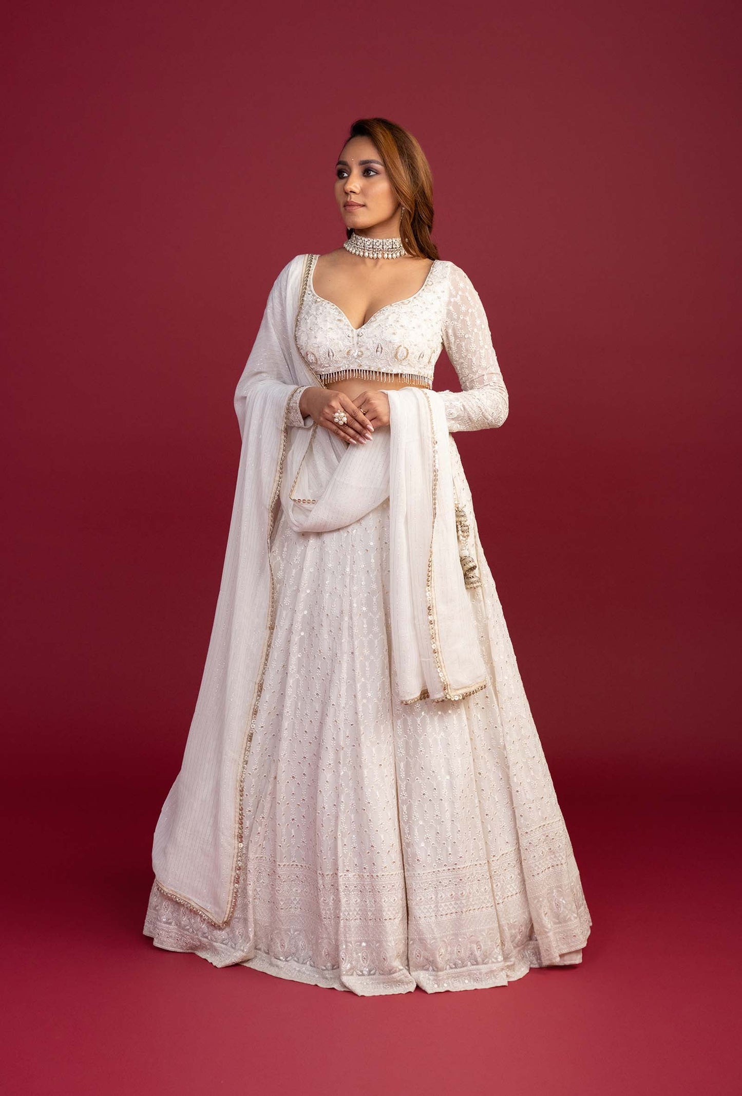 Crescent White Lucknowi Work Lehenga Set