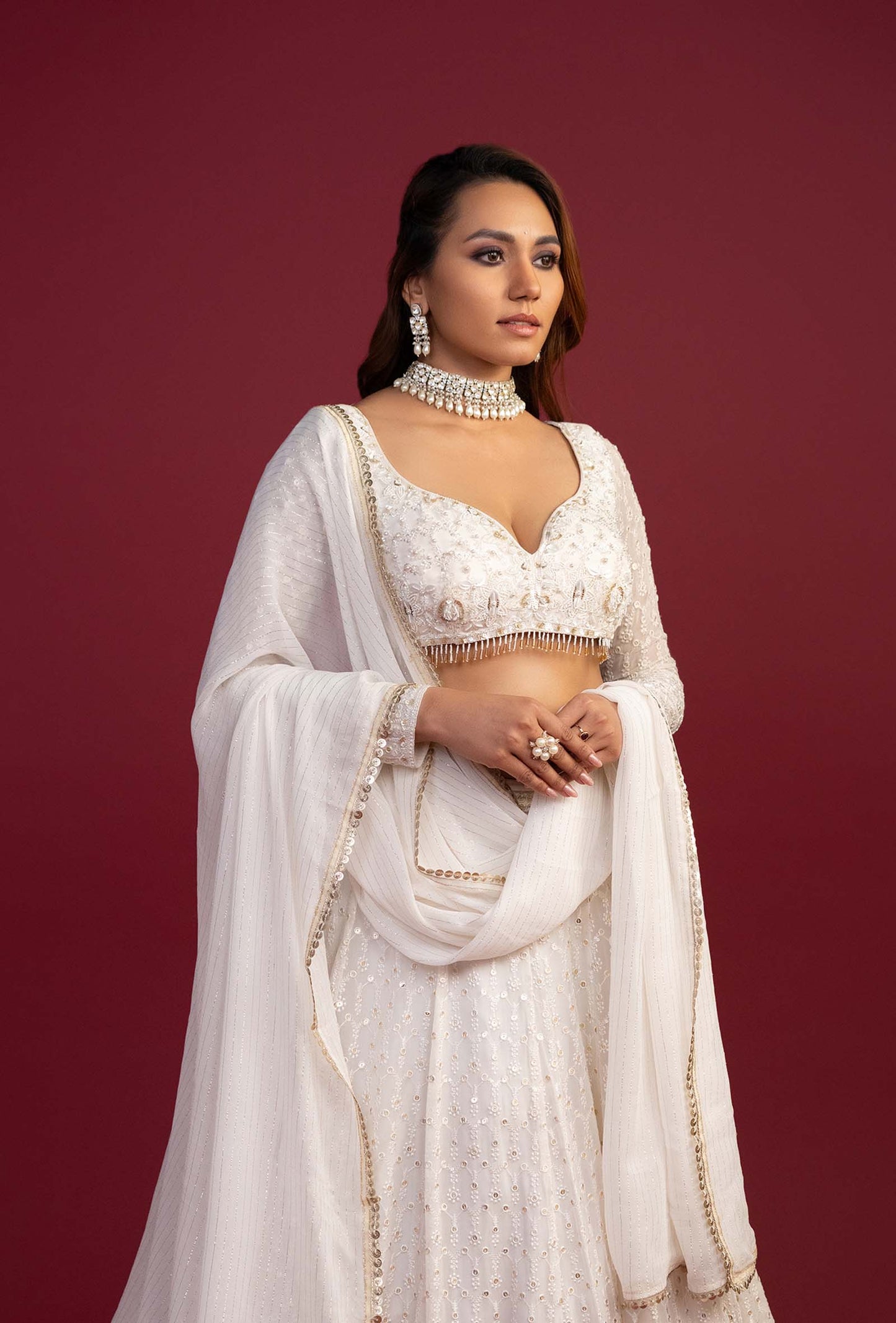Crescent White Lucknowi Work Lehenga Set