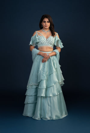 Celeste Blue Cold Shouldered Glass Tissue Lehenga Set