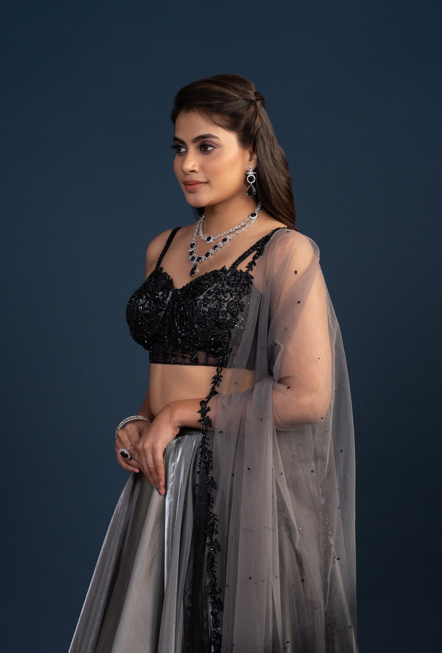 Eve Silver Glam Lehenga with Ombre Dupatta Set