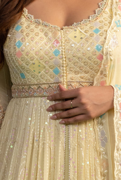 Ariana Pastel Yellow Front Slit Jacket Lehenga Set