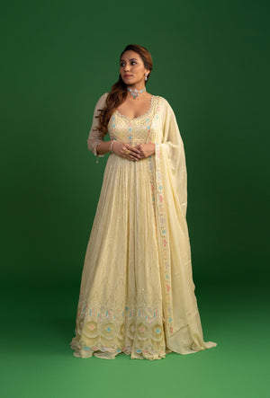 Ariana Pastel Yellow Front Slit Jacket Lehenga Set