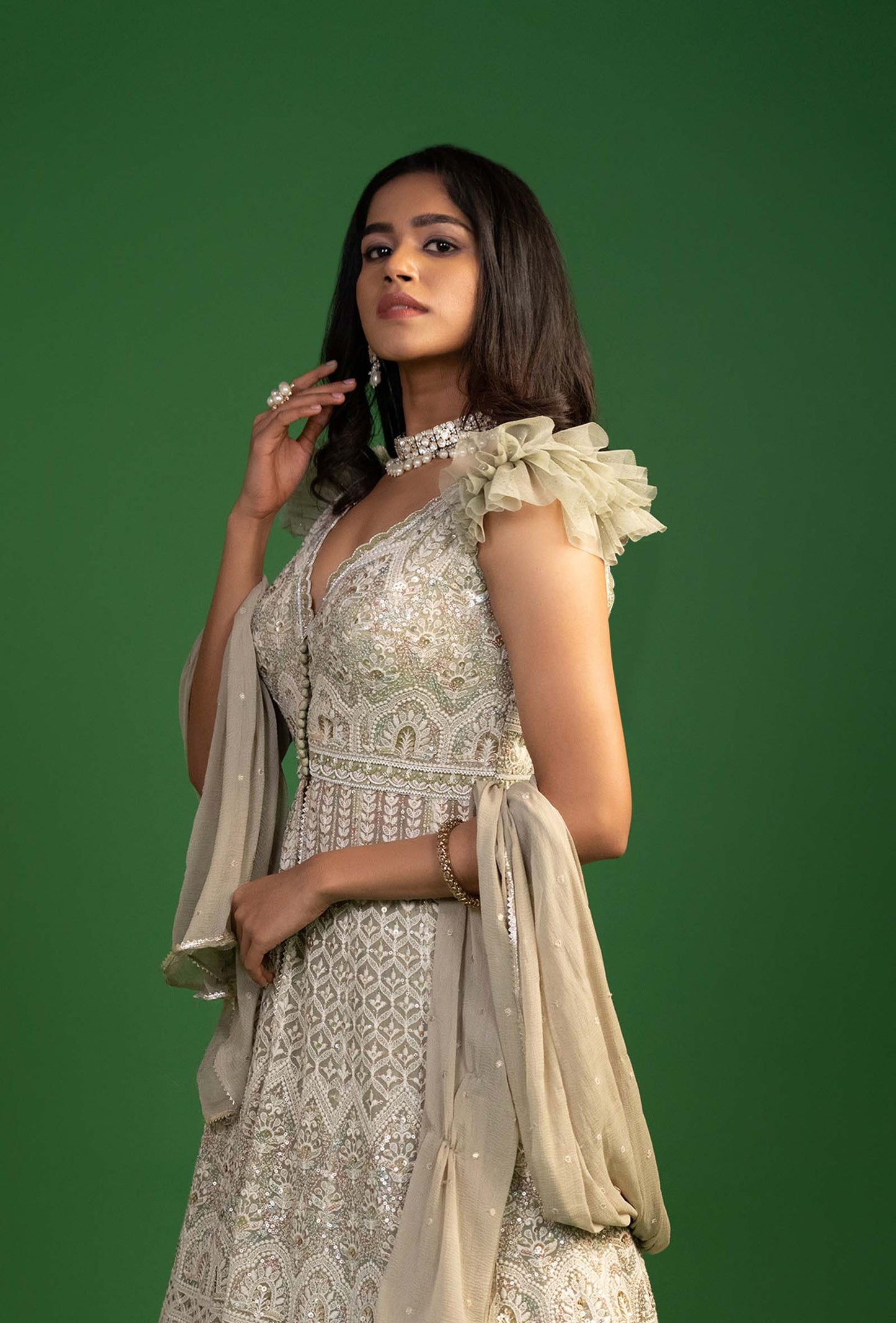 Imperial Moss Green Sheer Embroidered Front Slit Jacket Lehenga Set