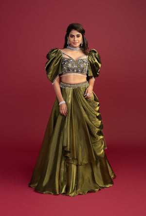 Juniper Dark Olive Green Ruffled Sleeves Lehenga Set