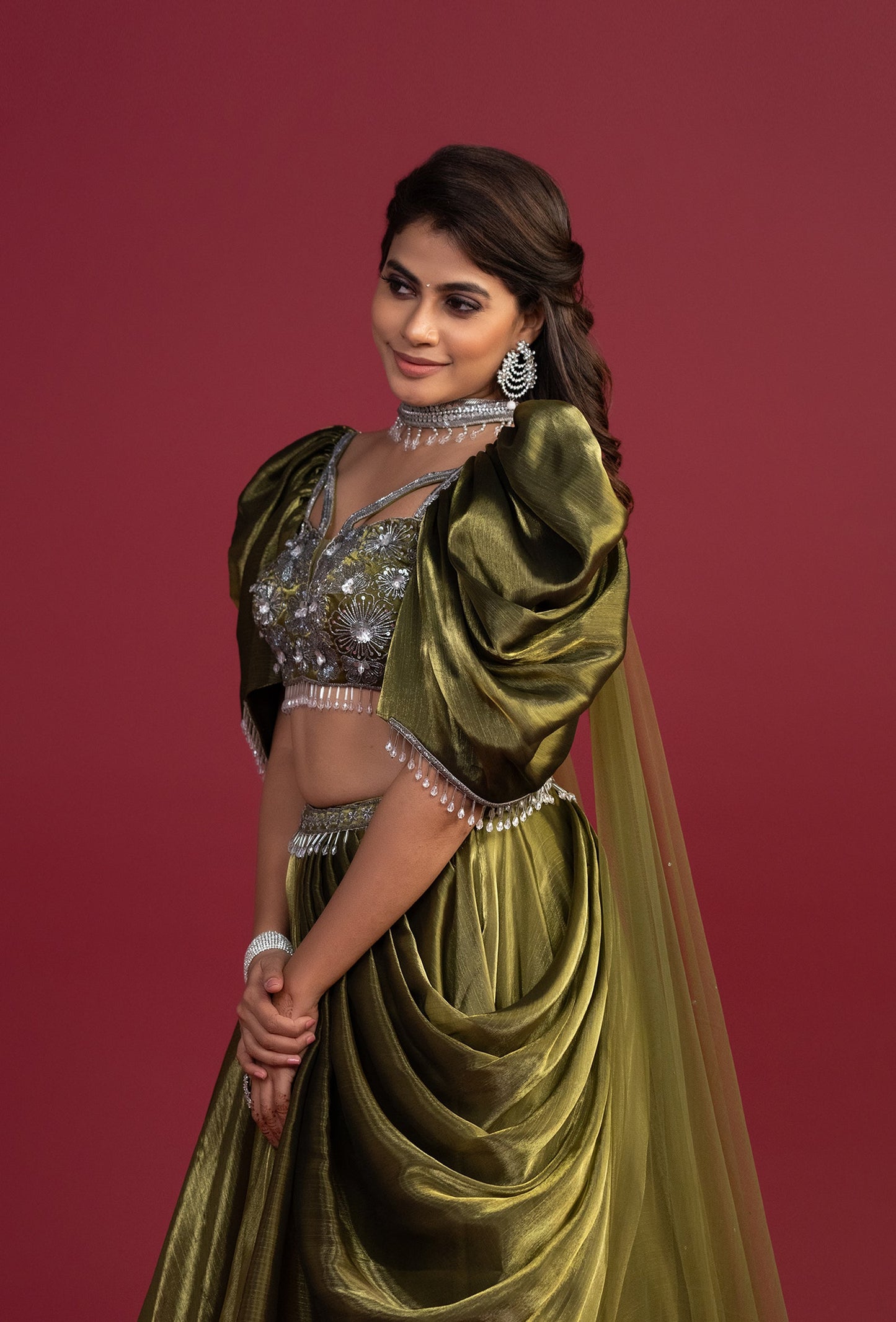 Juniper Dark Olive Green Ruffled Sleeves Lehenga Set
